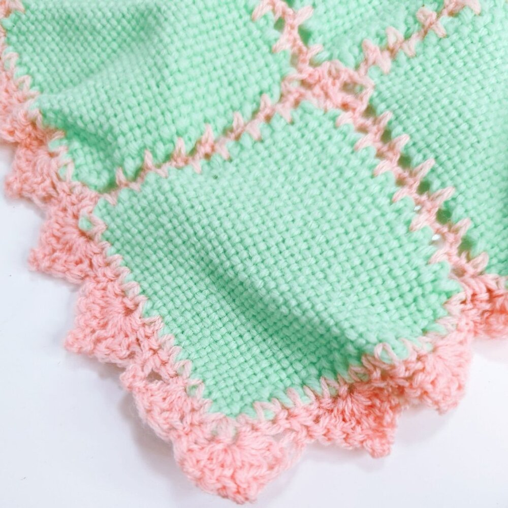 Vintage Hand-Crocheted Doll Blanket 25x25 Inches Green & Pink - Picture 2 of 5
